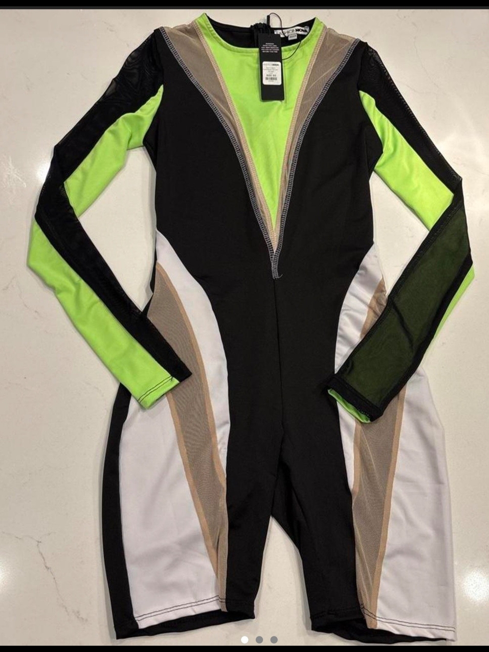 Fashion Nova Neon Green Black & White Colorblock Long-Sleeve Jumpsuit